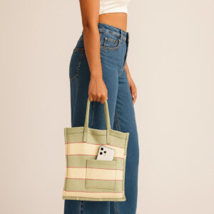 LidLoom Striped Cotton Tote Bag |Beige-Green