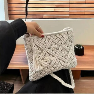 Lidloom Creations Handmade Macrame Crossbody Sling Bag Tote Bags Beautiful & Fancy Ladies Purse For Girls Women's Mobile Pouch Friends Gifts Birthday Marriage Party and Events, Off-White,1- Piece