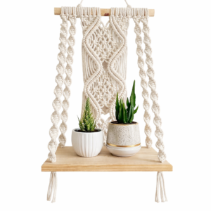 LidLoom Macrame Wall Hanging Shelf, Boho Handmade Floating Wooden Book Shelve for Home Decor, Bedroom, Living Room, Decoration 10x5x22 Inch,1-Pcs, Off-White