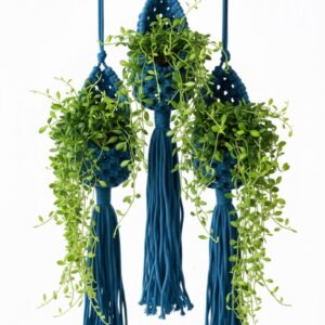 Handcrafted Macramé Hanging Pods – Pack of 3 Boho Cotton Tassel Pouches | Eco-Friendly Hanging Planters, Wall Baskets & Home Decor Blue Colour