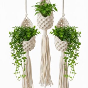 Handcrafted Macramé Hanging Pods – Pack of 3 Boho Cotton Tassel Pouches | Eco-Friendly Hanging Planters, Wall Baskets & Home Decor White Colour